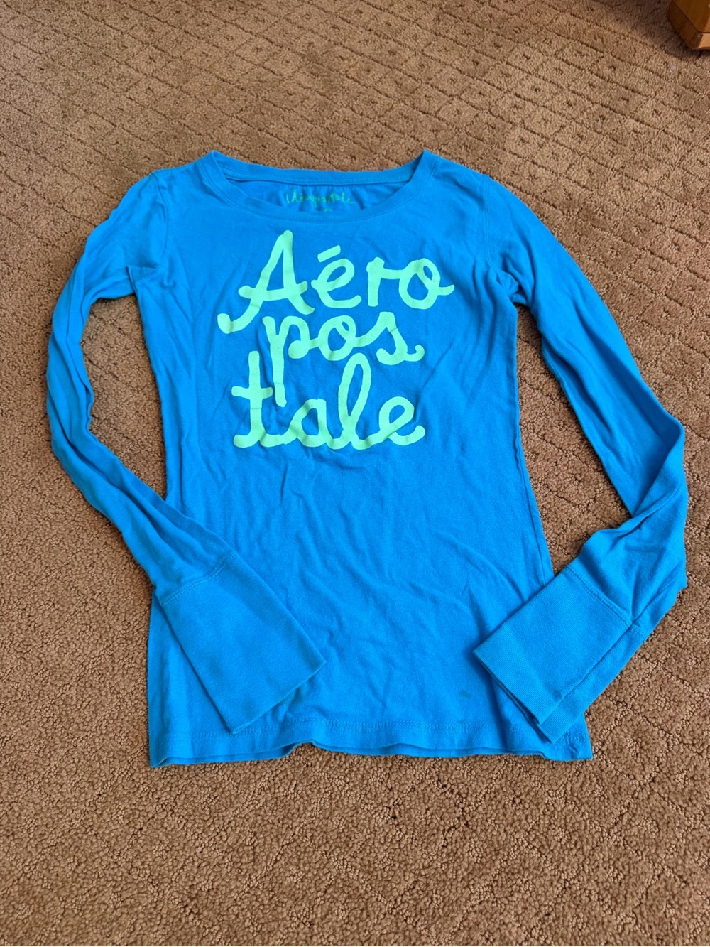 Aeropostale Blue With Green Sparkle Letters Long Sleeve T Shirt Women’s S